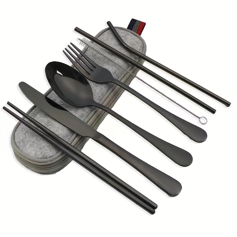 Portable Utensils, Travel Camping Cutlery Set, 8pcs including Knife Fork Spoon Chopsticks Cleaning Brush Straws Portable Case, Stainless Steel Flatware set
