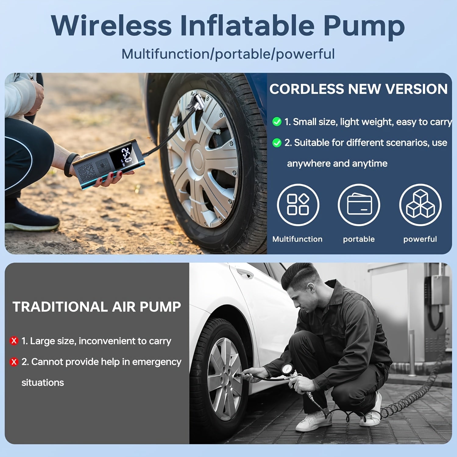 Portable Air Compressor Tire Inflator, 150PSI Car Tire Pump with Pressure Gauge, LED Light And 3X Faster Single-Button Smart Wireless Tire Pump for Cars, Motorcycles