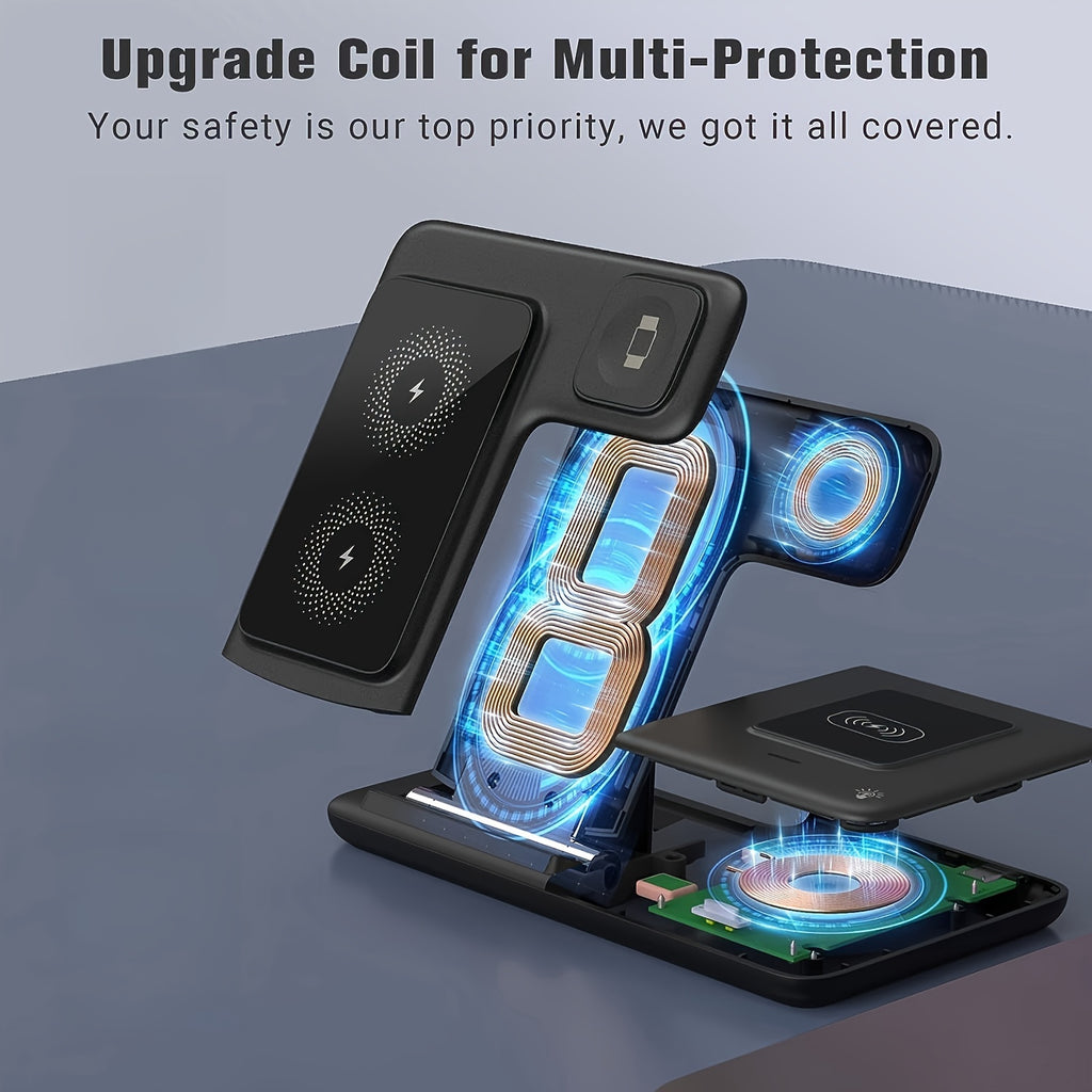 [3-in-1 Charging Station] 3-in-1 Wireless Charging Station for iPhone 15/14/13/12/11/Pro/Max/Mini/Plus, X, XR, XS/Max, SE, 8/Plus, for iWatch 1-9 & for AirPods 3/2/Pro - Magnetic USB Charger with Adjustable Stand, Compact Des