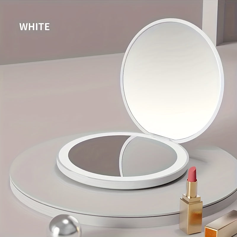 1pc Compact Round Foldable LED Vanity Mirror - Travel Portable Lighted Makeup Mirror for Purse Handbag - 2x Magnification, Double-sided, Handheld, Mini Touch-up Mirror with Light for Travel Essentials