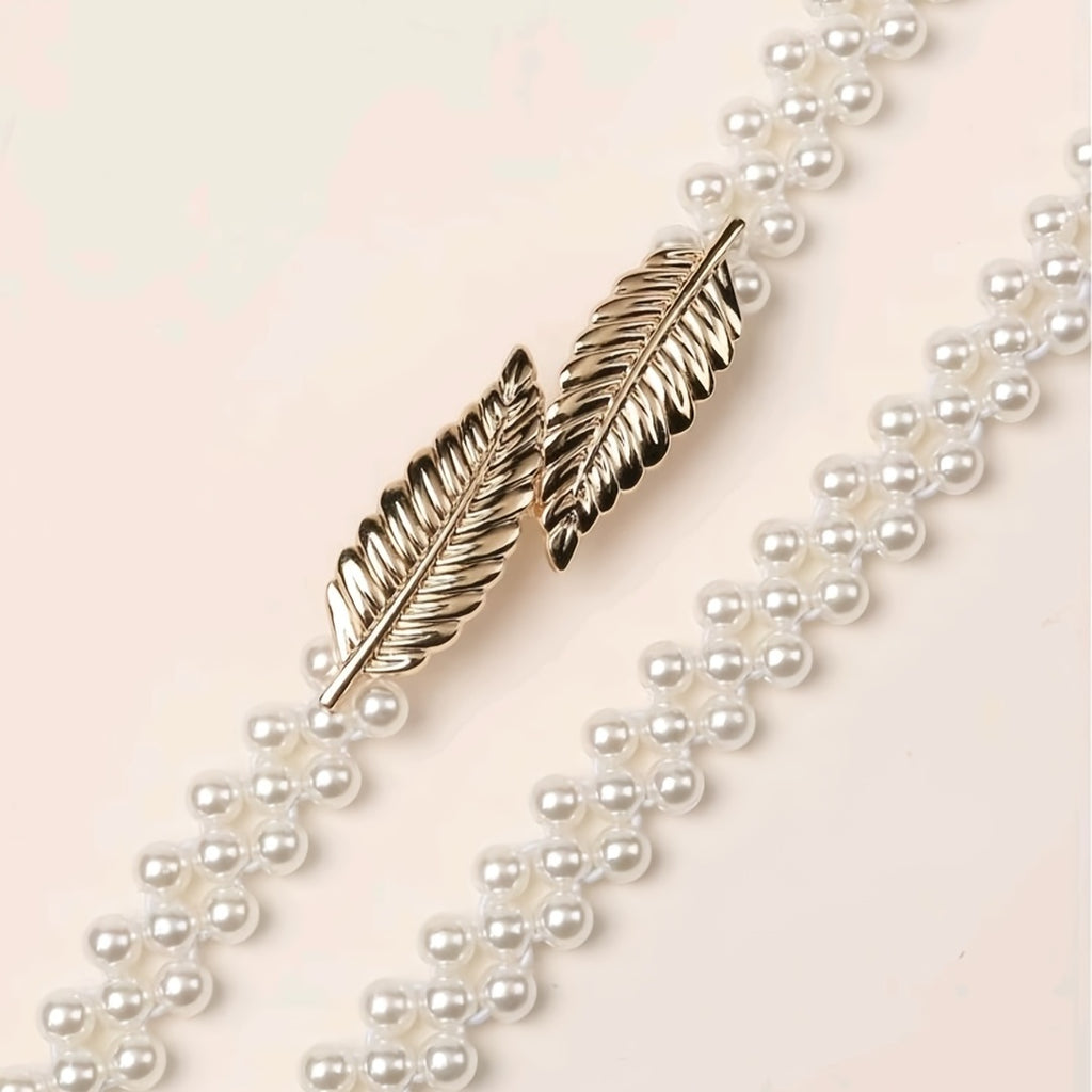 Faux Pearl Belt Women's Metal Leaf Elastic Pearl Waist Chain Women's Decoration For Dress Elastic Belt