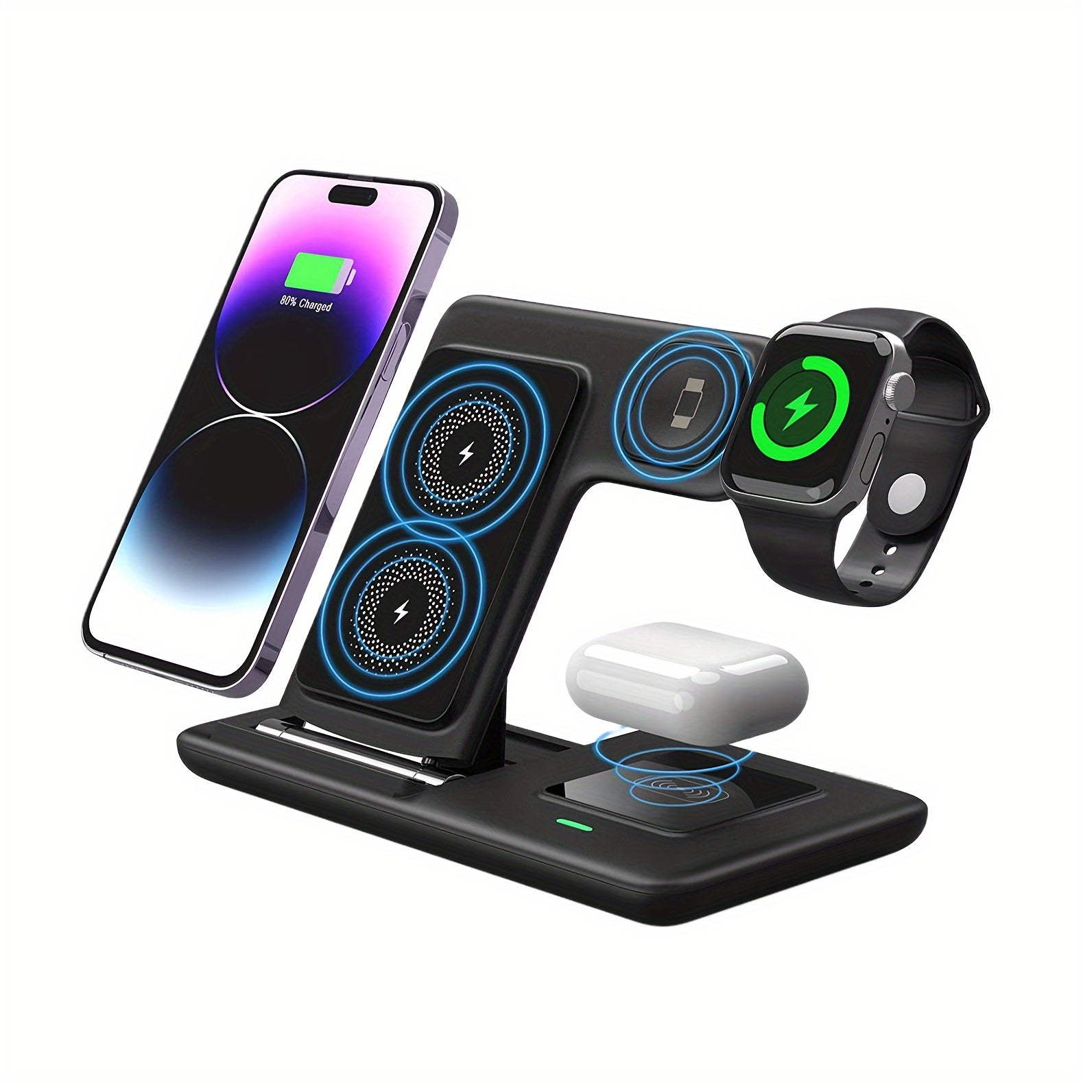 [3-in-1 Charging Station] 3-in-1 Wireless Charging Station for iPhone 15/14/13/12/11/Pro/Max/Mini/Plus, X, XR, XS/Max, SE, 8/Plus, for iWatch 1-9 & for AirPods 3/2/Pro - Magnetic USB Charger with Adjustable Stand, Compact Des