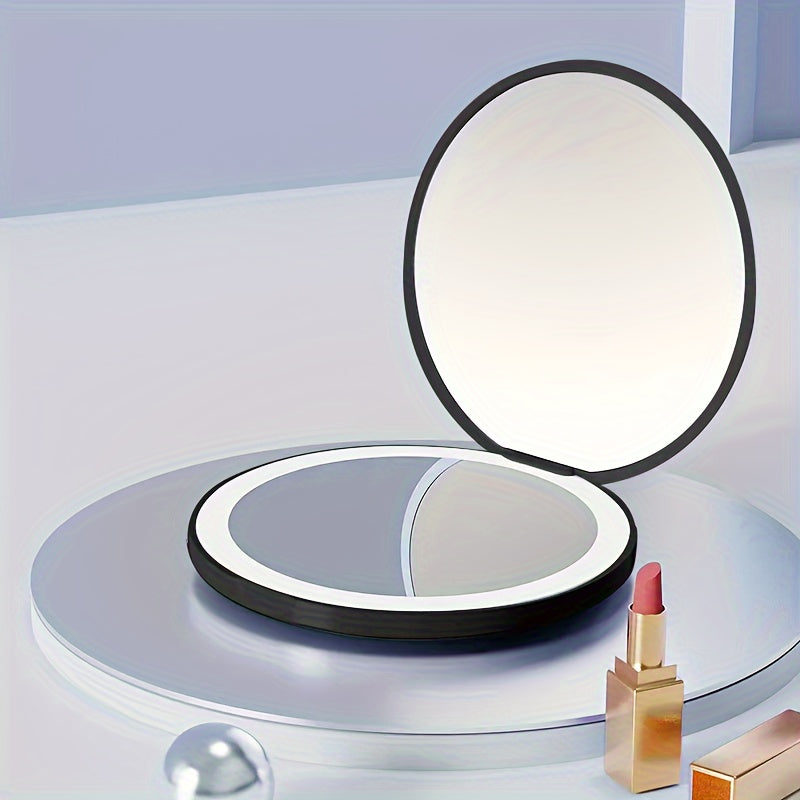 1pc Compact Round Foldable LED Vanity Mirror - Travel Portable Lighted Makeup Mirror for Purse Handbag - 2x Magnification, Double-sided, Handheld, Mini Touch-up Mirror with Light for Travel Essentials