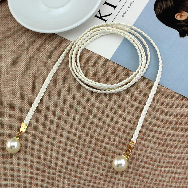 Braided Thin Belt Women's Decor Waist Rope Women's Sweet Dress Tie Waist Chain Skirt With Pearl Waist Accessories