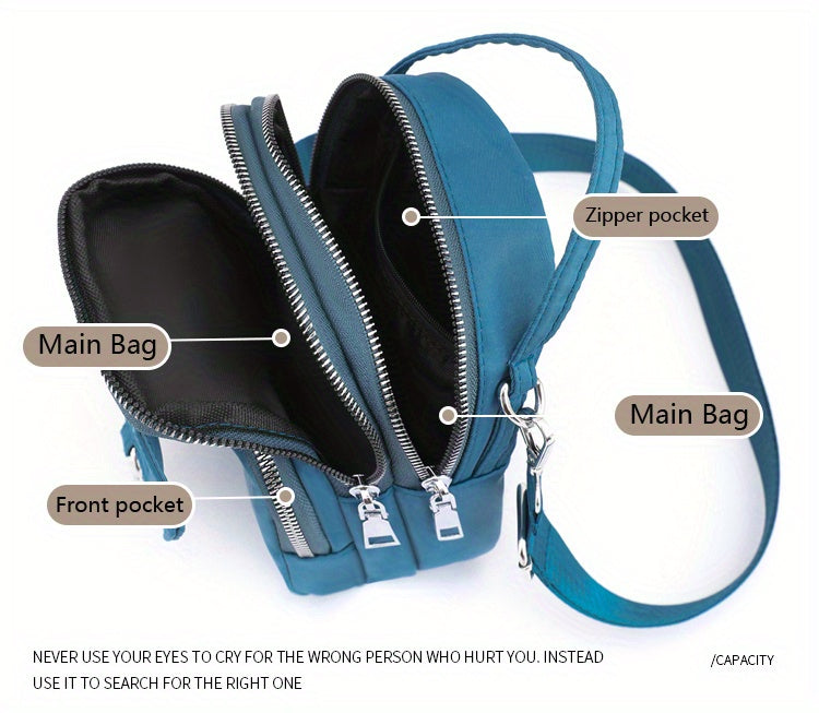 OGEHUAFEE Women'S Light Blue Nylon Shoulder Bag - Casual Mini Crossbody with Adjustable Strap, Multi-Layer, External Headphone Hole, Solid Color, Secure Zip Closure, Small Crossbody Bag