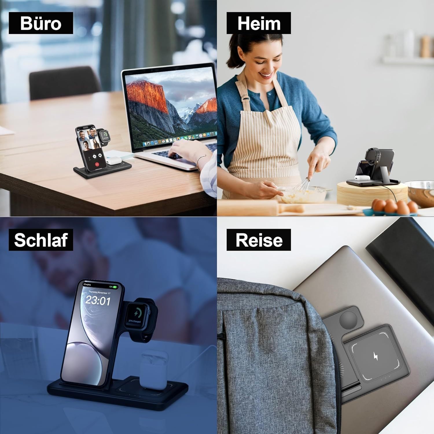 wireless charger, 3 in 1 Charging Station, With Adapter，15W Qi ladestation Fast Foldable Magnetic Stand Dock Replacement for iPhone 16 15 14 13 12 11 Pro Max XS XR X, iWatch 10 9 8 7 6 5 4 3 SE, AirPods 4 3 Pro (With Adapte