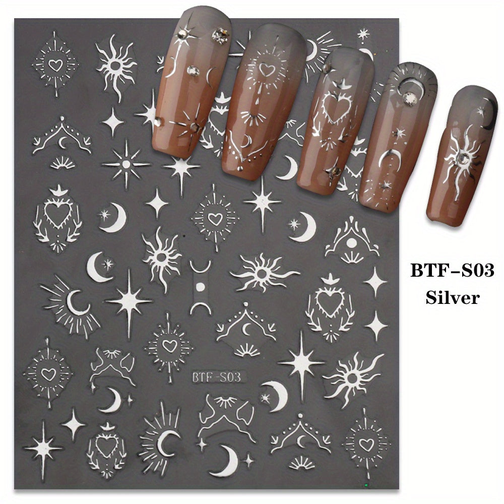 Golden Sun, Moon, and Star Nail Art Stickers - Self-Adhesive 3D Decals for French Nail Design and DIY Decoration