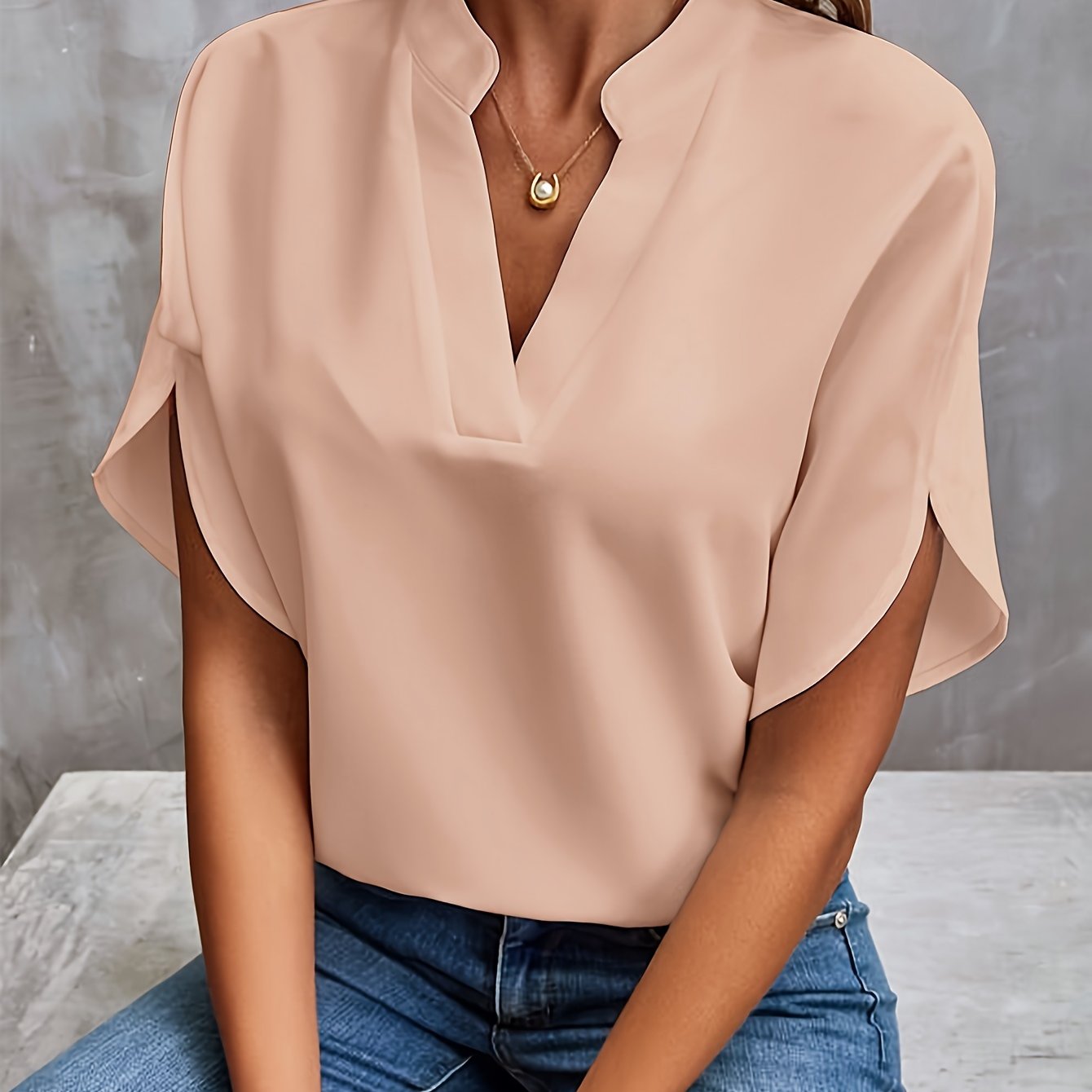 Solid Color Notch Neck Blouse, Casual Short Split Sleeve Blouse For Spring & Summer, Women's Clothing