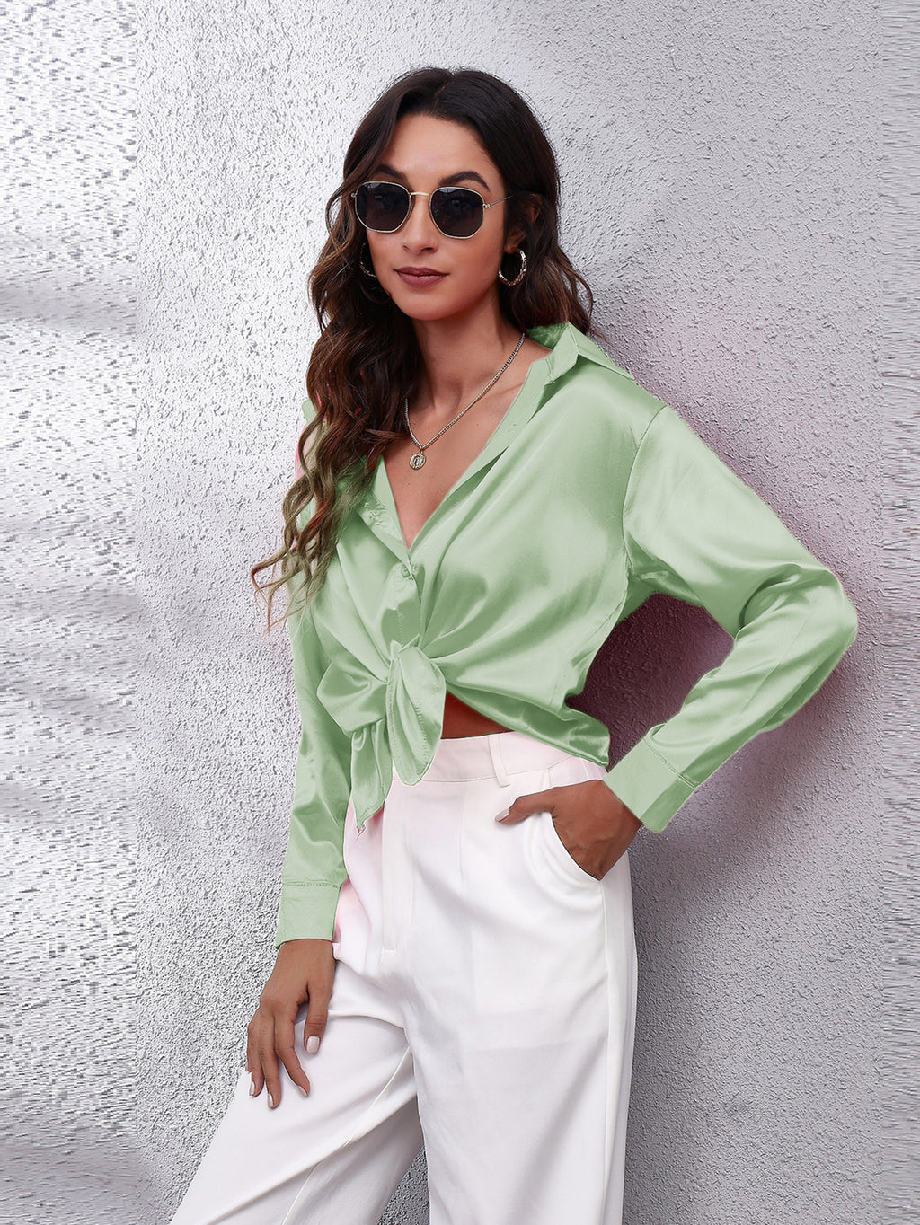 Solid Color Long Sleeve Button Down Tops, Business Casual Blouses For All Seasons, Women's Clothing