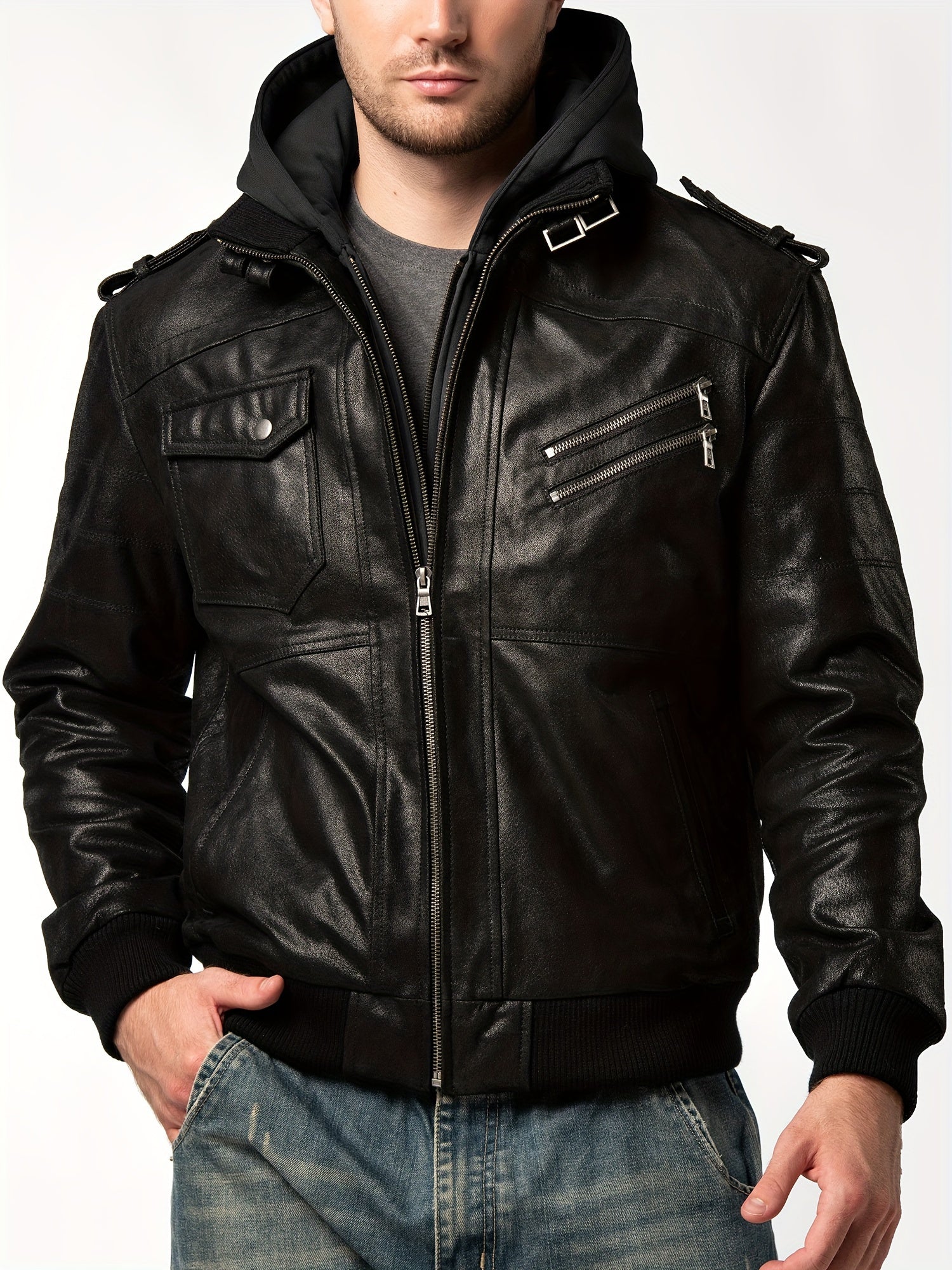 Men's Brown Leather Motorcycle Jacket with Removable Hood - FLAVOR