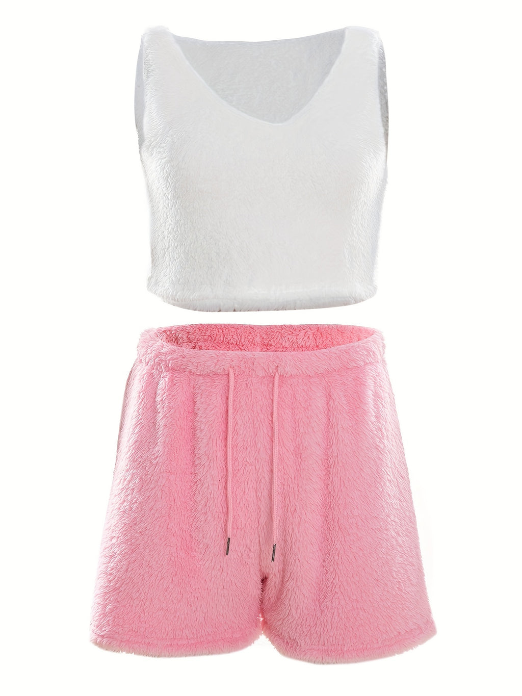 Warm Fuzzy Pajama Set, Long Sleeve Hooded Robe & Tank Top & Drawstring Shorts, Women's Sleepwear & Loungewear