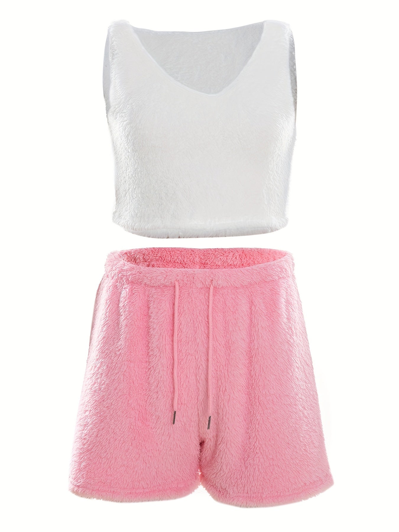 Warm Fuzzy Pajama Set, Long Sleeve Hooded Robe & Tank Top & Drawstring Shorts, Women's Sleepwear & Loungewear