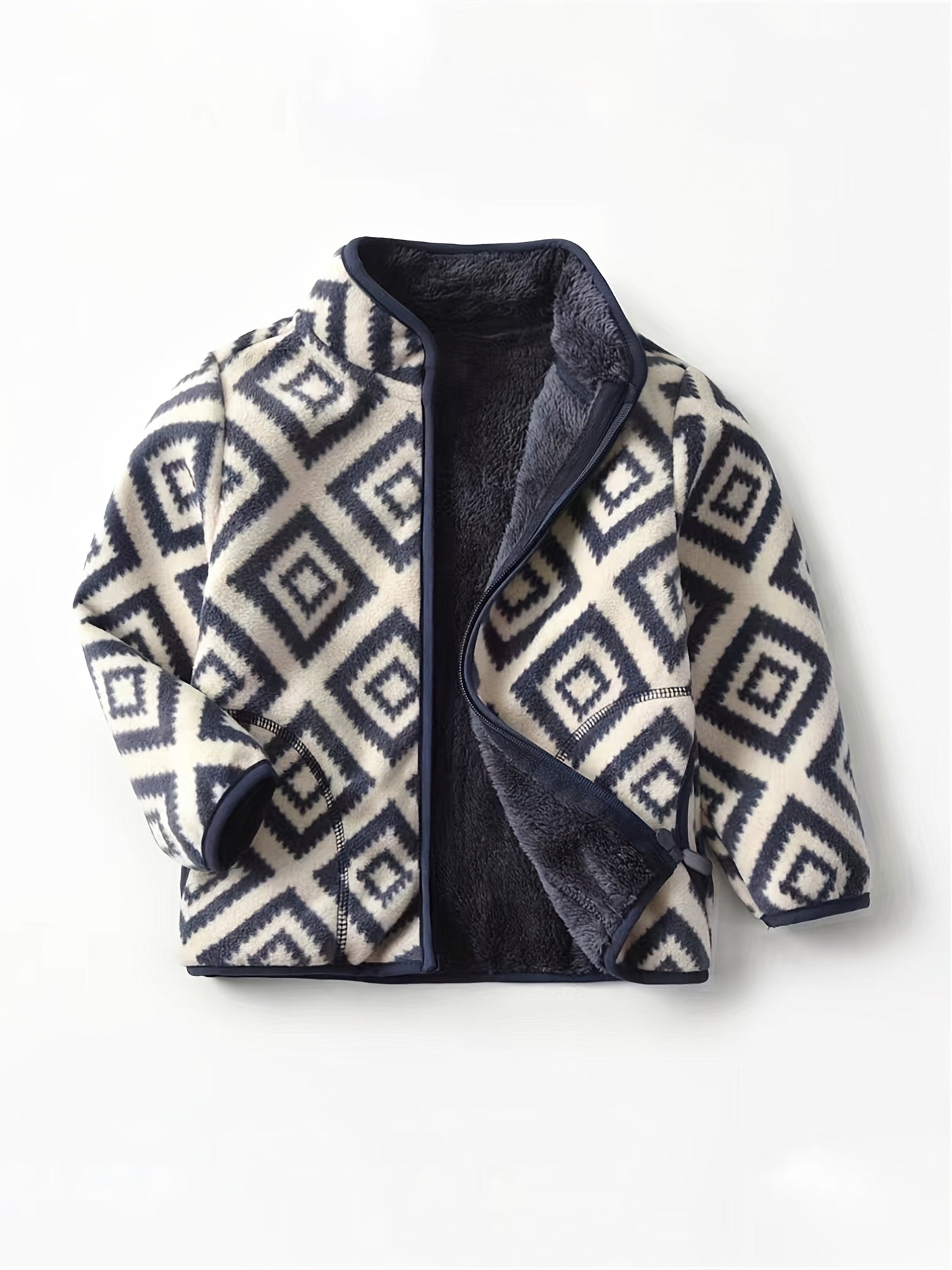 New Boys Vintage Plaid Printed Casual Thickened Warm Stand Collar Zipper Jacket