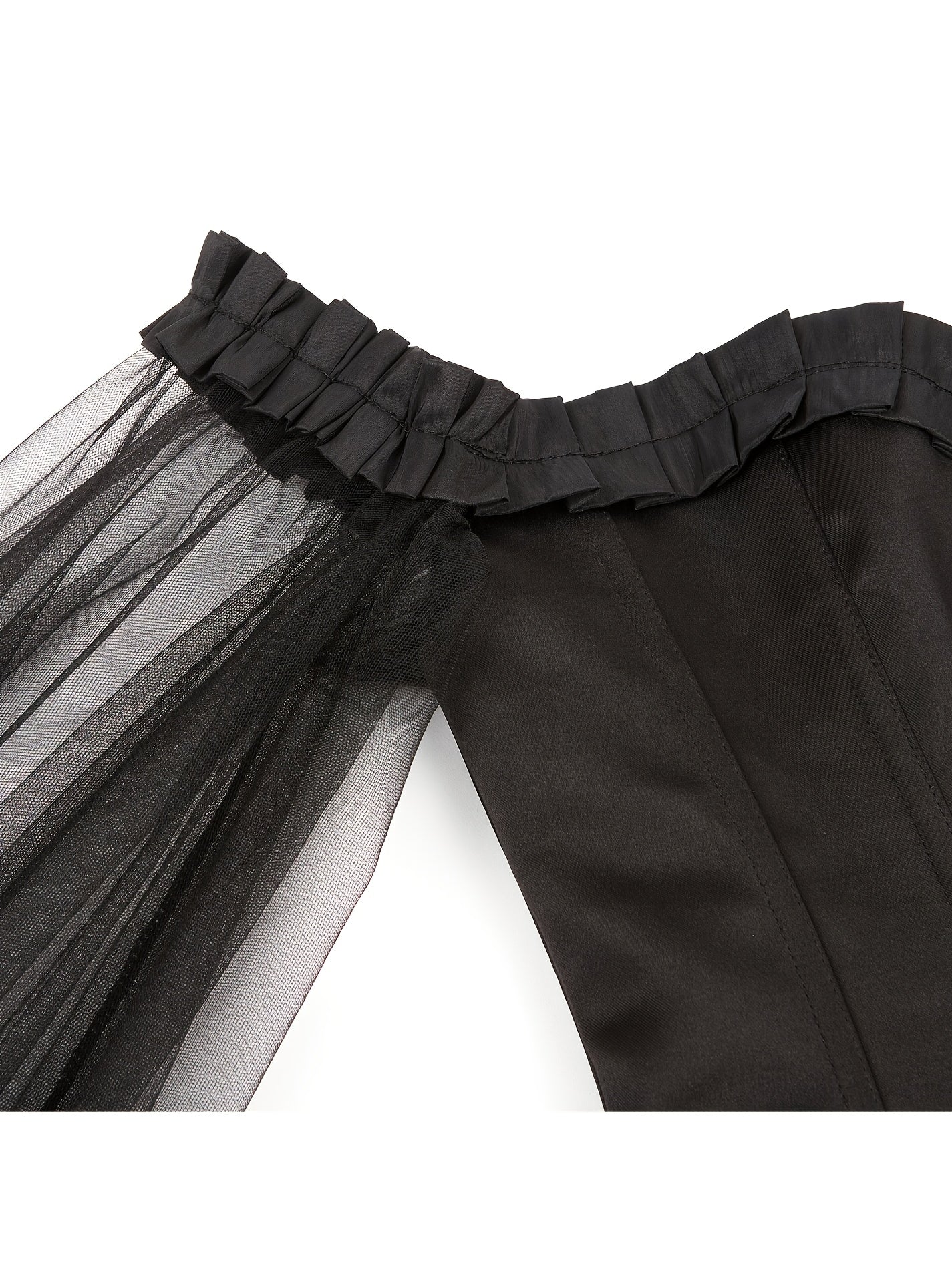 Off Shoulder Neck Corsets For Women Sheer Mesh Long Puff Sleeve Overbust Corset Gothic Lace-up Boned Bustier Tops Black