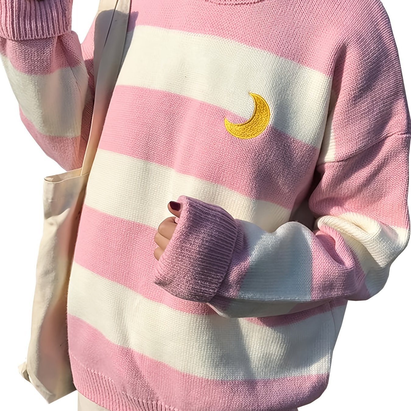 Kawaii Round Neck Striped Pullover Sweater, Casual Every Day Top For Winter & Fall, Women's Clothing