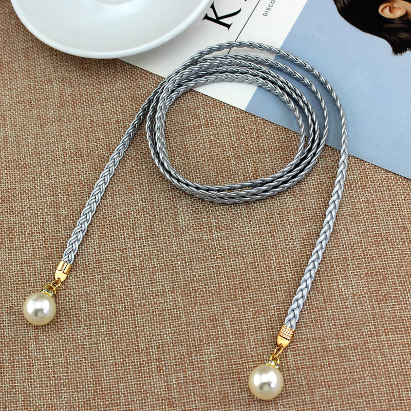 Braided Thin Belt Women's Decor Waist Rope Women's Sweet Dress Tie Waist Chain Skirt With Pearl Waist Accessories