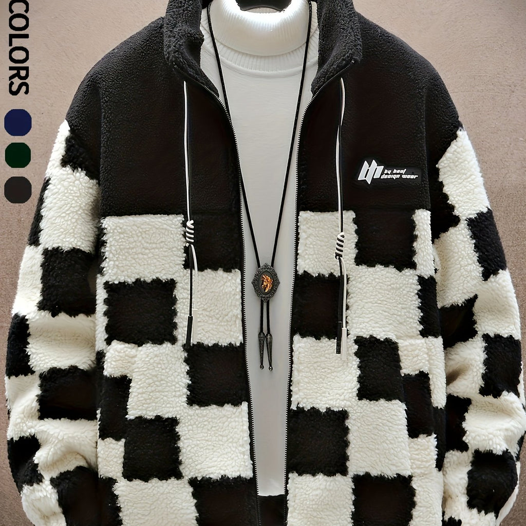 Men'S Plush Checkered Winter Coat - Blue & White, Loose Fit, Stand Collar, Zip-Up Jacket with Drawstring Hood, Casual Style for Fall/Winter, Winter Coat