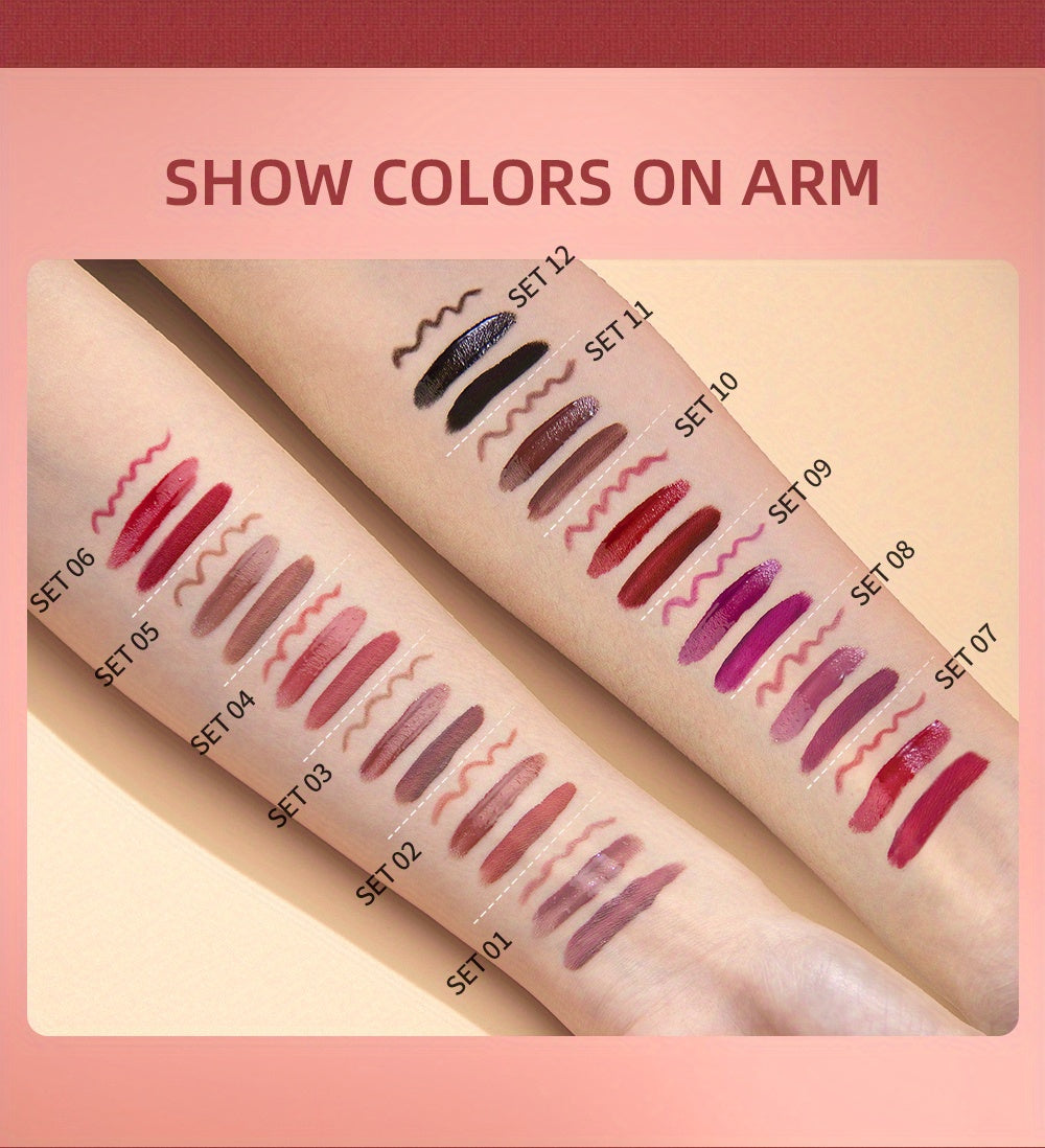 Lip Liner, Lipstick And Lip Gloss Trio Set, Matte Liquid Lipstick + Matching Lip Liner + Lip Gloss Nude Velvety Lipstick Makeup Kit Gift Set, Waterproof Long Lasting, Contains Plant Squalane Formula