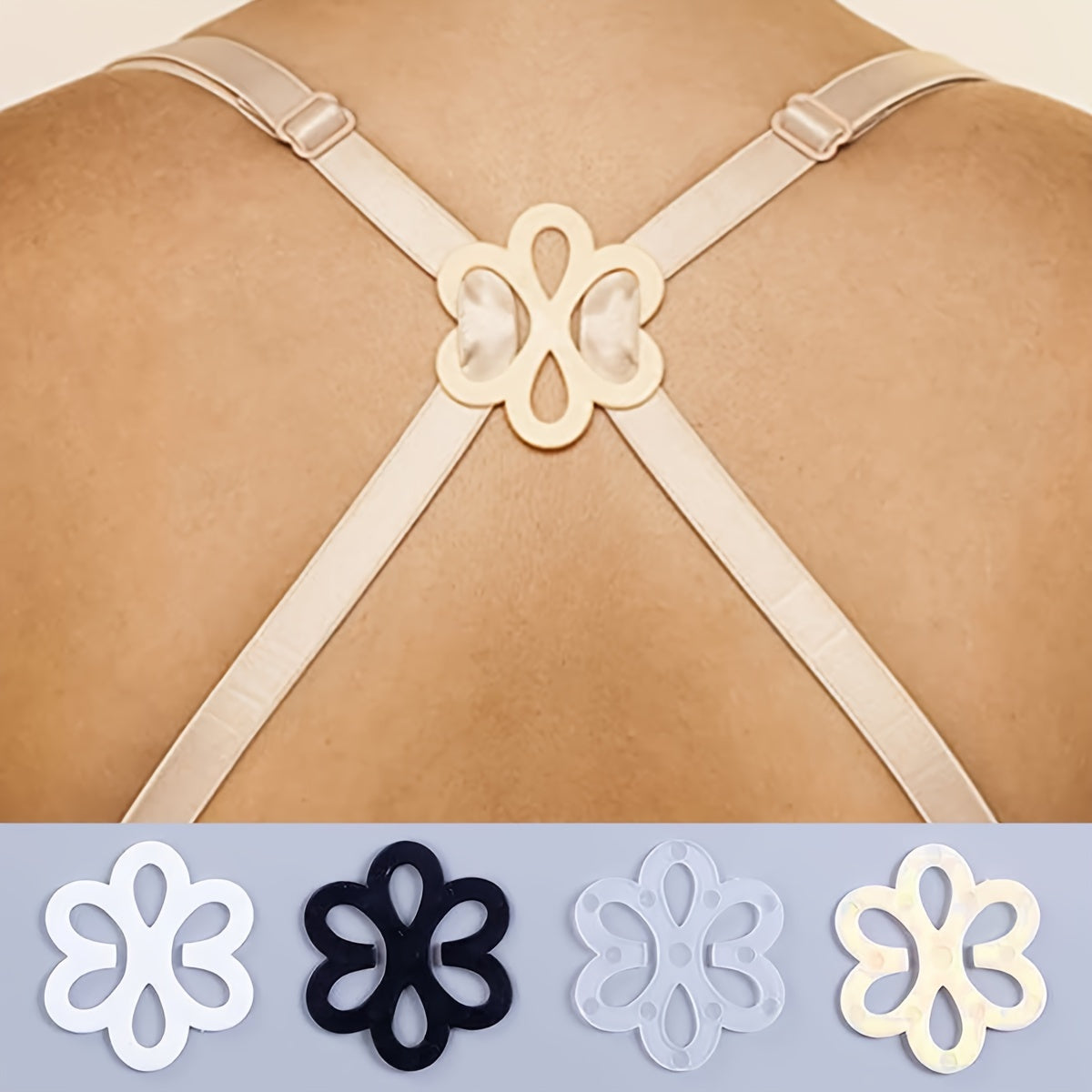 4pcs Invisible Bra Strap Clips - Flower-Shaped, Non-Slip Concealers in Beige, Black, White, Gray - Secure Cross-Back Shoulder Fasteners for Women's Lingerie, Lingerie Accessories | Decorative Bra Clips | Nylon Strap Clips