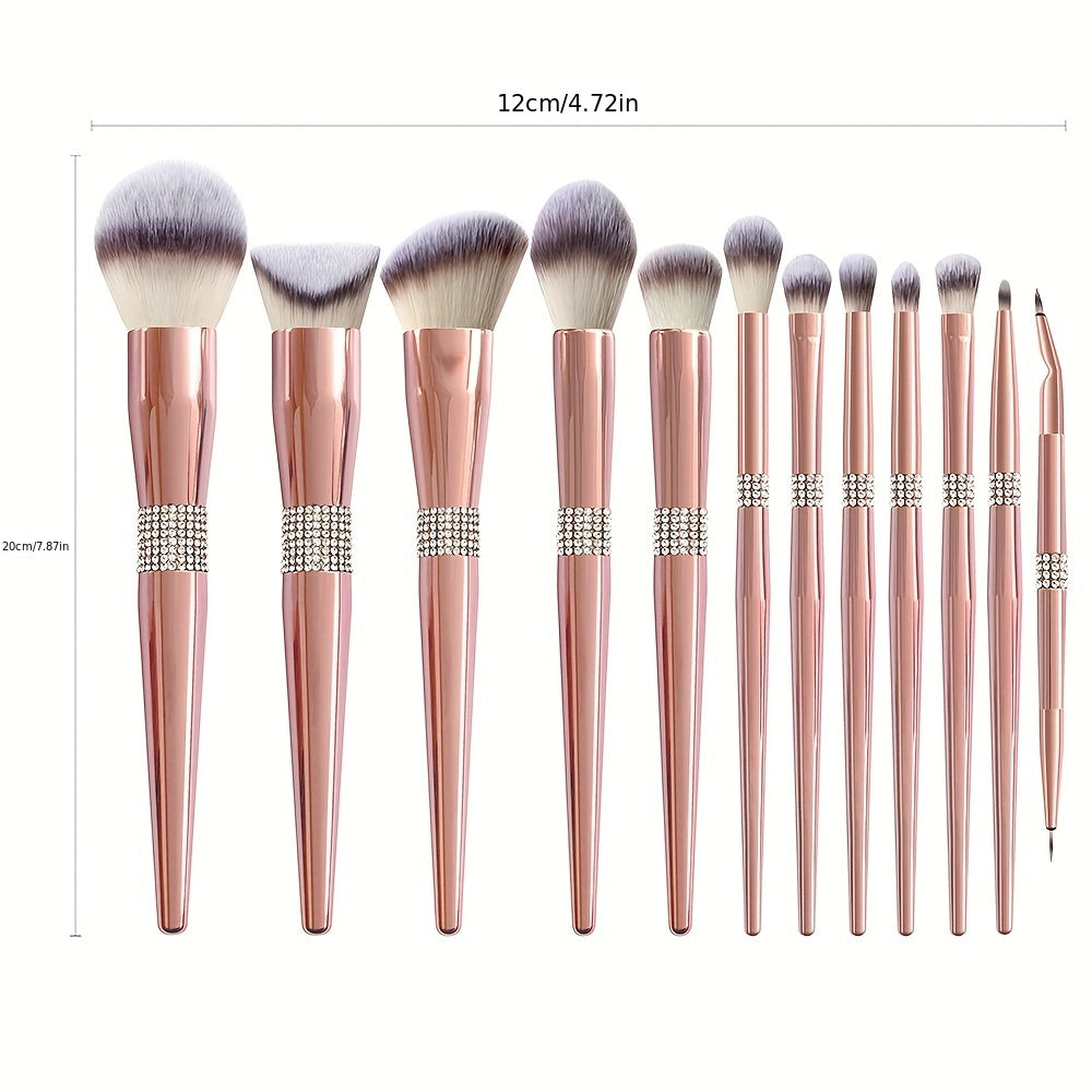 12/14pcs Luxe Makeup Brush Set with Glitter Handles - Includes Blush, Eyeshadow, Foundation Brushes & More - Nylon Bristles for All Skin Types - Fragrance-Free