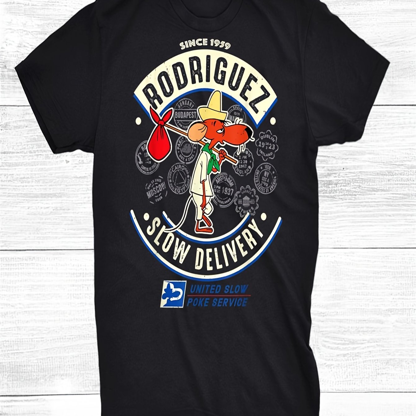 Slowpoke Rodriguez Shirt - 2024 Printed Pattern, Black, Casual Wear, Sports Tops, Short Sleeve, 220g, Men's Sports T-Shirt