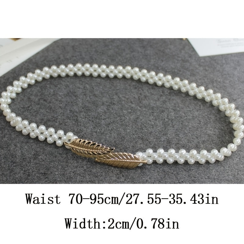Faux Pearl Belt Women's Metal Leaf Elastic Pearl Waist Chain Women's Decoration For Dress Elastic Belt