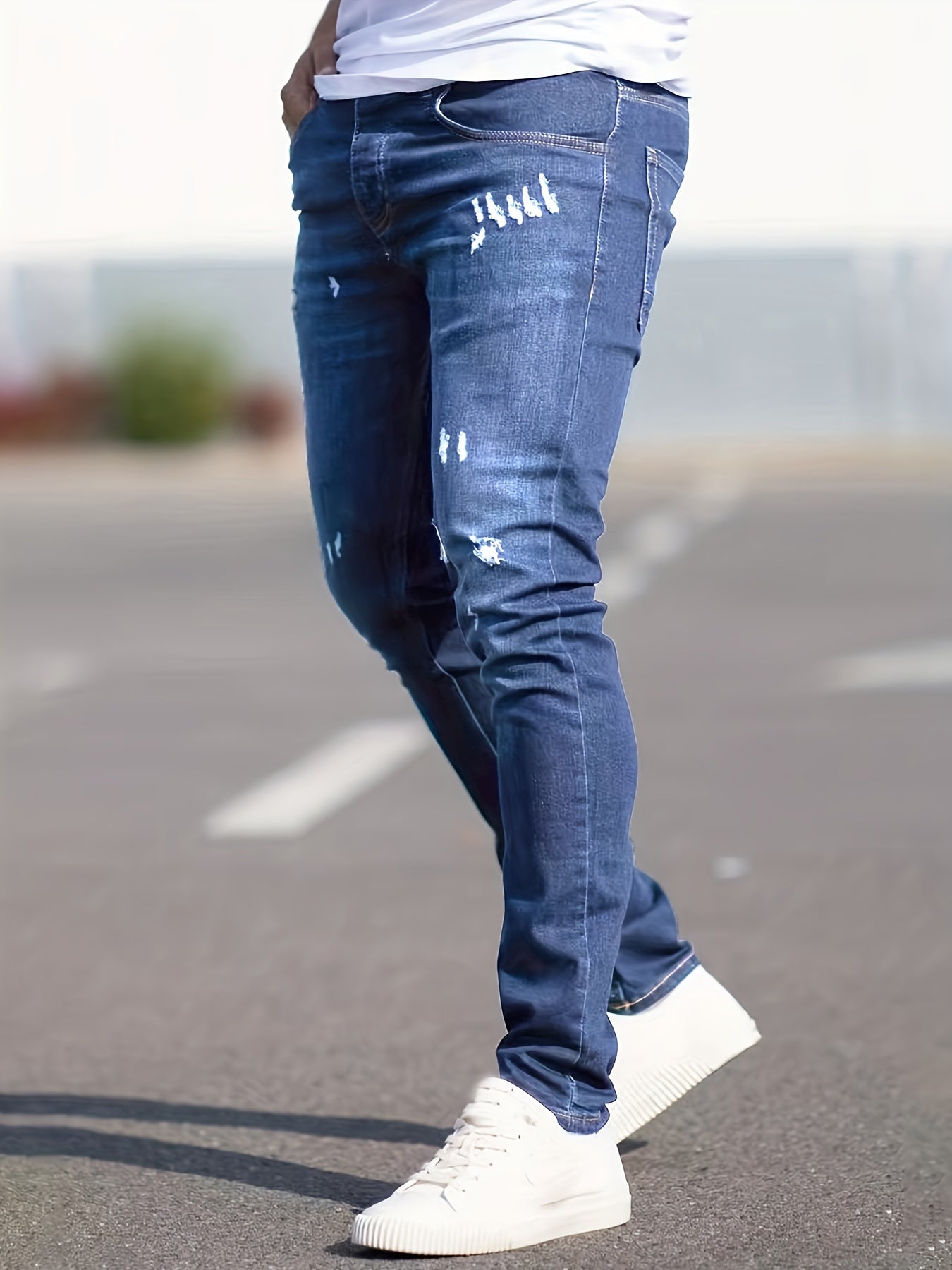Slim Fit Ripped Jeans, Men's Casual Street Style Distressed Medium Stretch Denim Pants