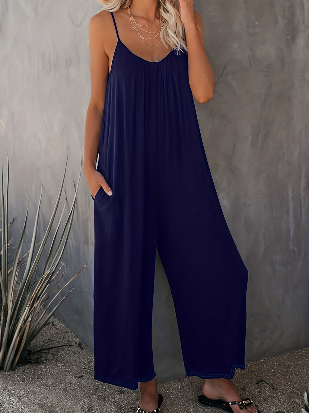 Women'S Light Blue Sleeveless Jumpsuit with Pockets - Casual Polyester Knit Fabric, V-Neck, Summer 2023, Beach Coverup, Beach Coverup Jumpsuit | Casual Style Jumpsuit | Knit Construction