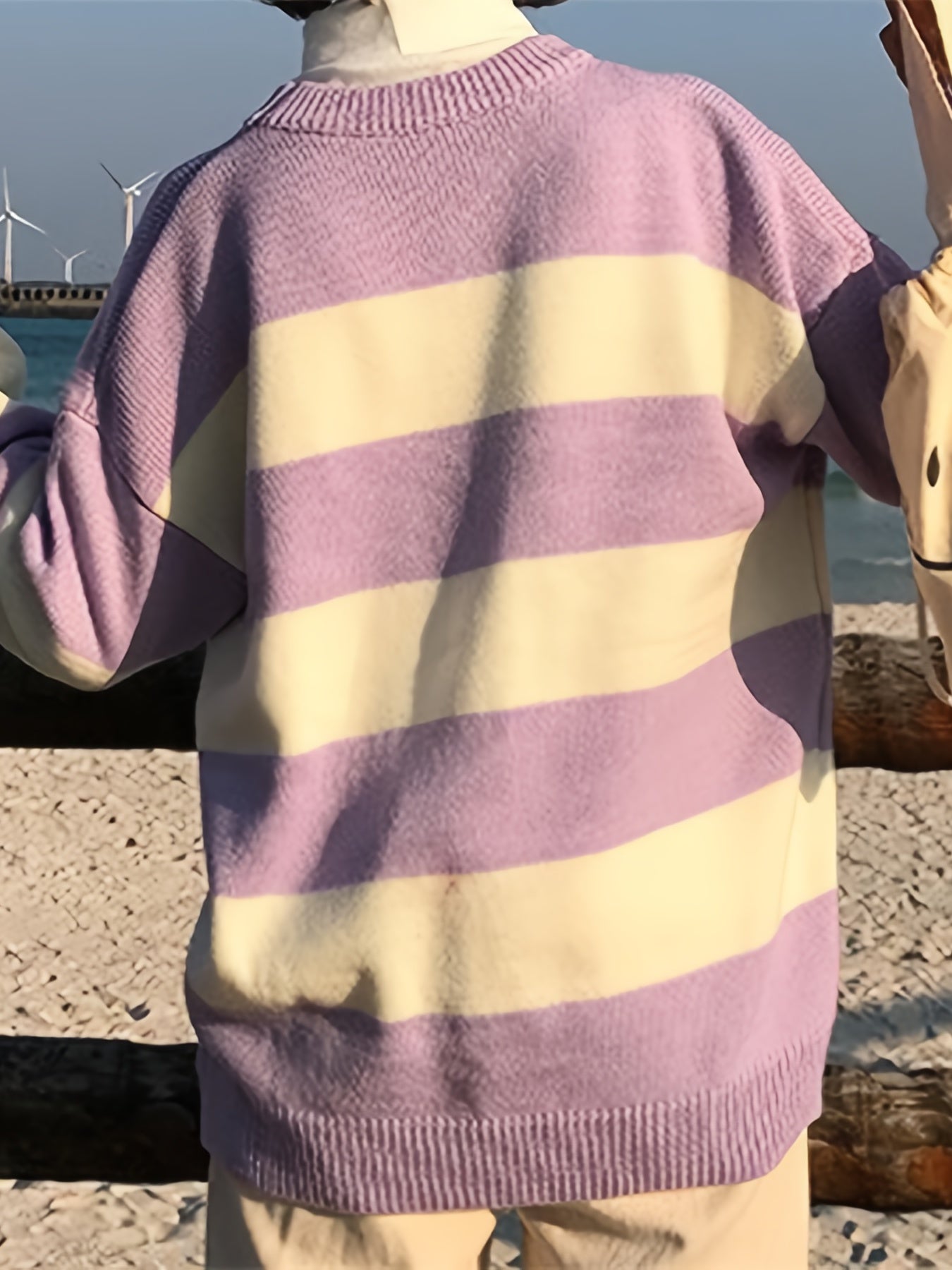 Kawaii Round Neck Striped Pullover Sweater, Casual Every Day Top For Winter & Fall, Women's Clothing