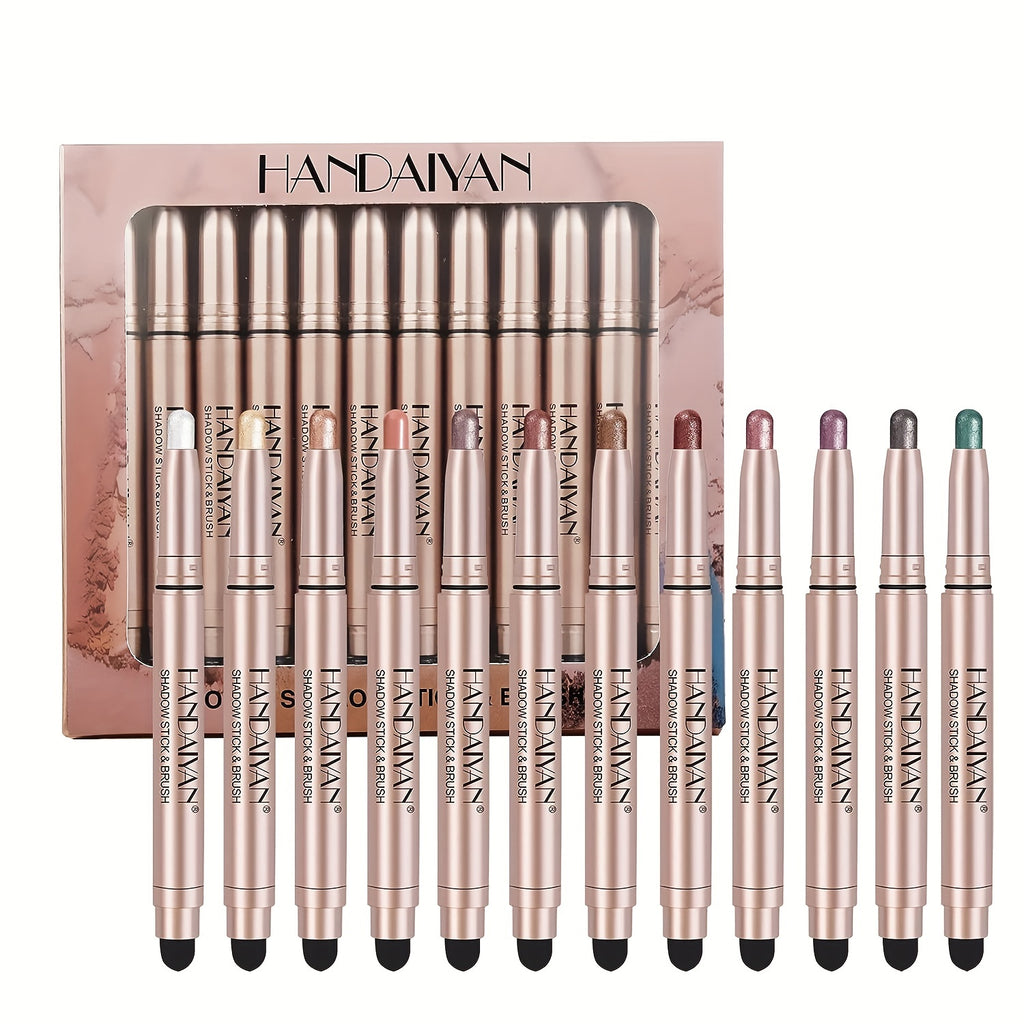 12 Pcs Highlighter Eyeshadow Pen, Matte Creamy Eyeshadow Stick Set With Sponge Brush, Shimmer Metallic Eyeshadow Pencil, Waterproof Long Lasting Eye Brightener Stick, Glitter Multi-Dimensional Eye Makeup For Music Festival