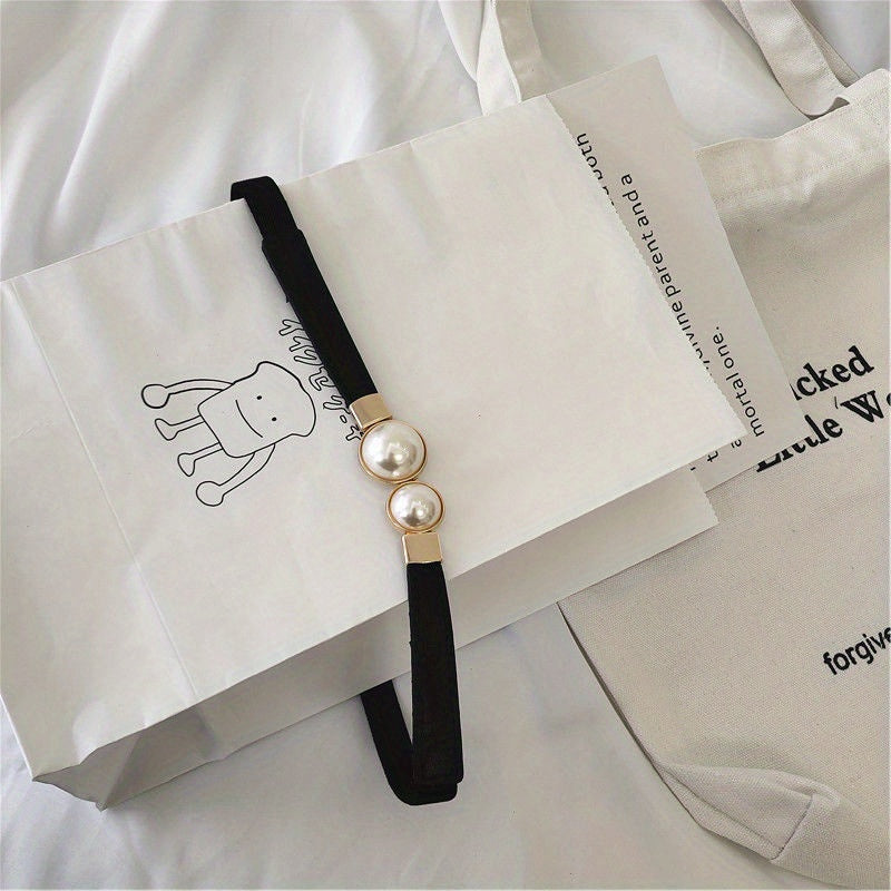 Faux Pearl Elastic Thin Belt, Women's Decoration For Dress, Fashion Simple Women's Buckle Thin Belt