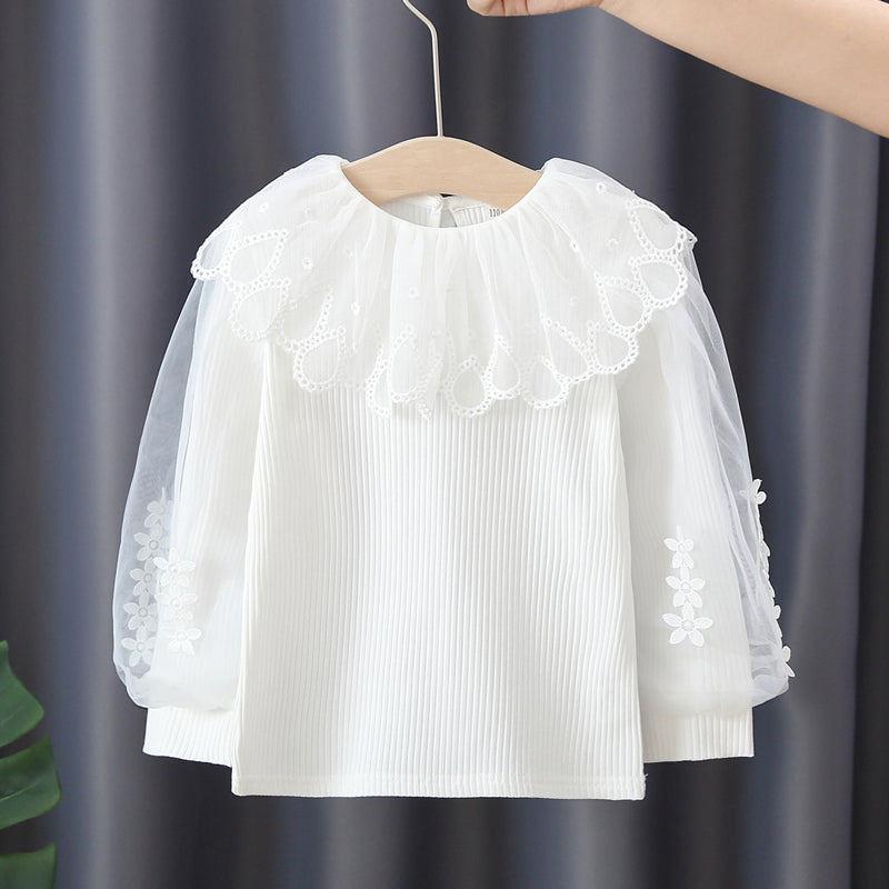 Girls Long Puff Sleeve Flower Lace Splicing Ruffles Round Neck Ribbed T-Shirts Tops Kids Clothes