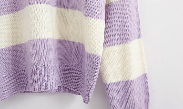 Kawaii Round Neck Striped Pullover Sweater, Casual Every Day Top For Winter & Fall, Women's Clothing