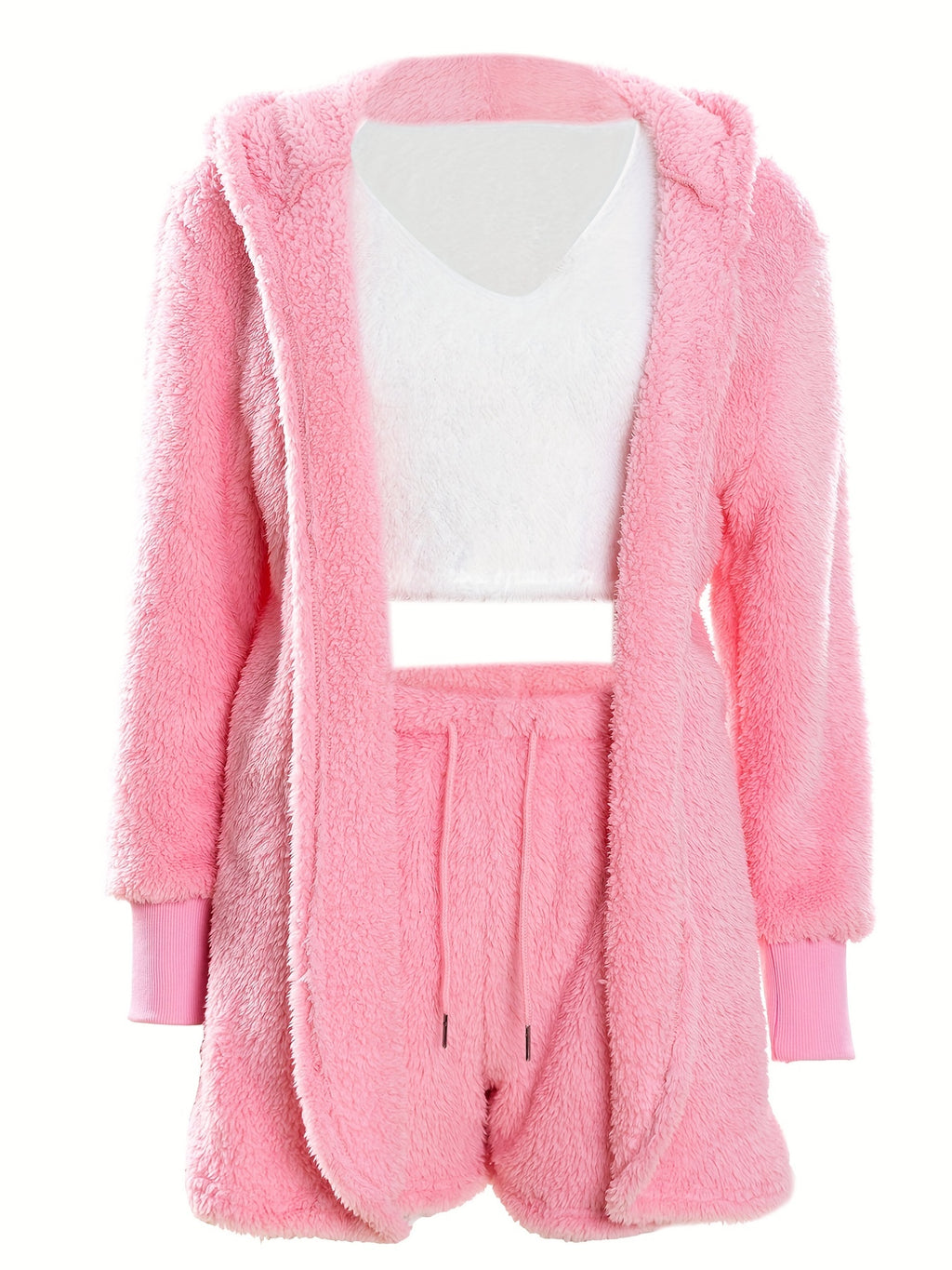 Warm Fuzzy Pajama Set, Long Sleeve Hooded Robe & Tank Top & Drawstring Shorts, Women's Sleepwear & Loungewear