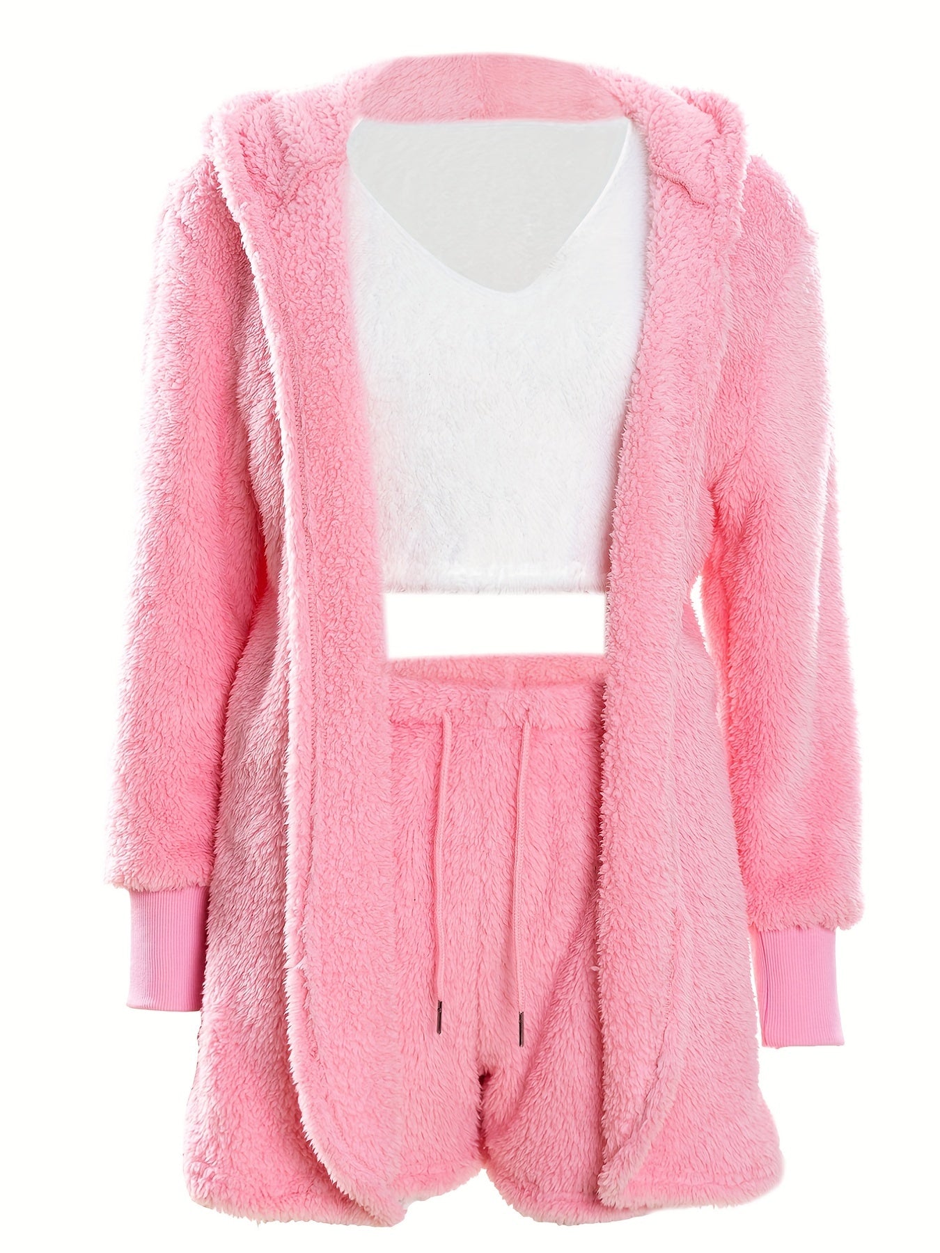 Warm Fuzzy Pajama Set, Long Sleeve Hooded Robe & Tank Top & Drawstring Shorts, Women's Sleepwear & Loungewear
