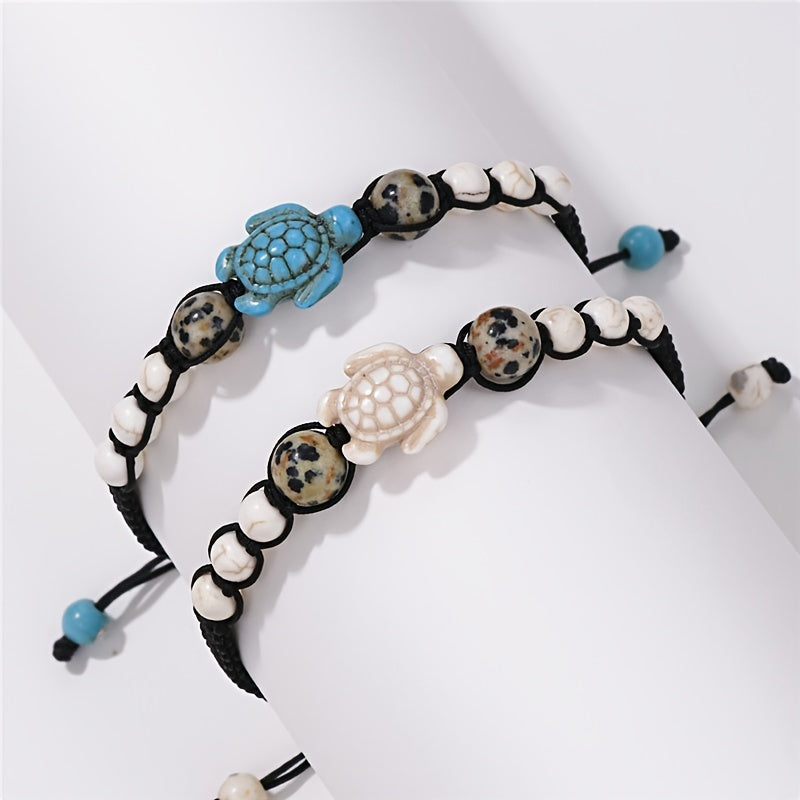 Small and extravagant, versatile, hand wound woven turquoise turtle geometric bracelet set 2pcs