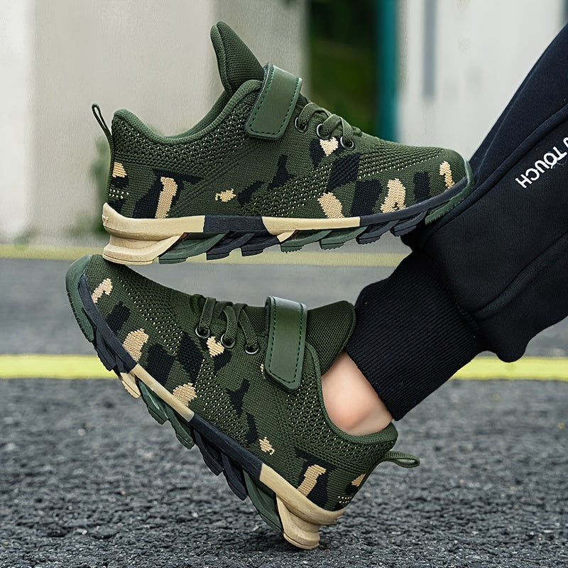 Boys Casual Camouflage Print Knitted Blade Type Shoes, Low Top Breathable Non-slip Sneakers For Autumn