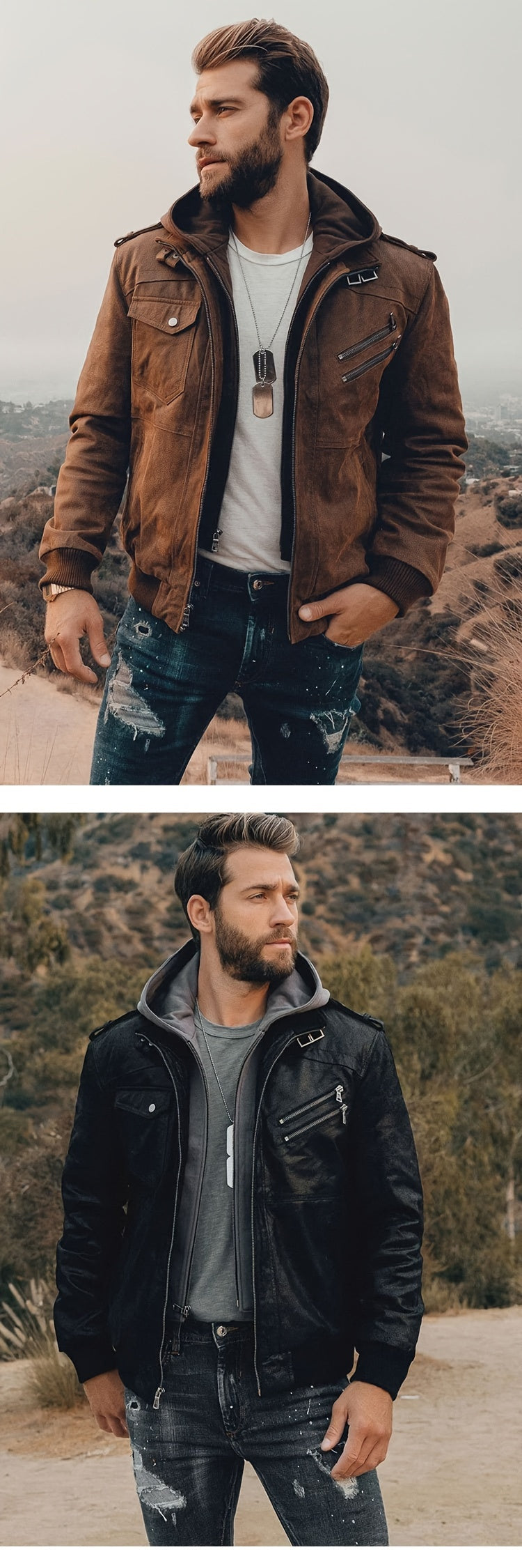 Men's Brown Leather Motorcycle Jacket with Removable Hood - FLAVOR