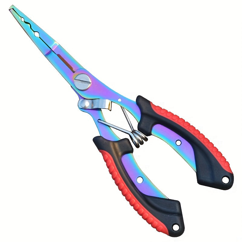 [Stainless Steel Fishing Pliers] Multi-Function Stainless Steel Fishing Pliers - Hooked Bent Nose - Color Titanium Open Ring Line Cutter - Lead Pressing Anti-Slip Handle
