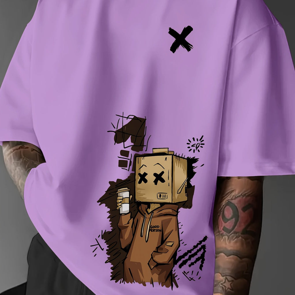 Men'S Summer Casual T-Shirt with Playful Robot & Cupcake Graphic - Red, Short Sleeve, Round Neck, Loose Fit, Geometric Pattern, Perfect for Streetwear or Casual Attire, Casual Summer Wear | Playful Graphic Tee | Comfortable F