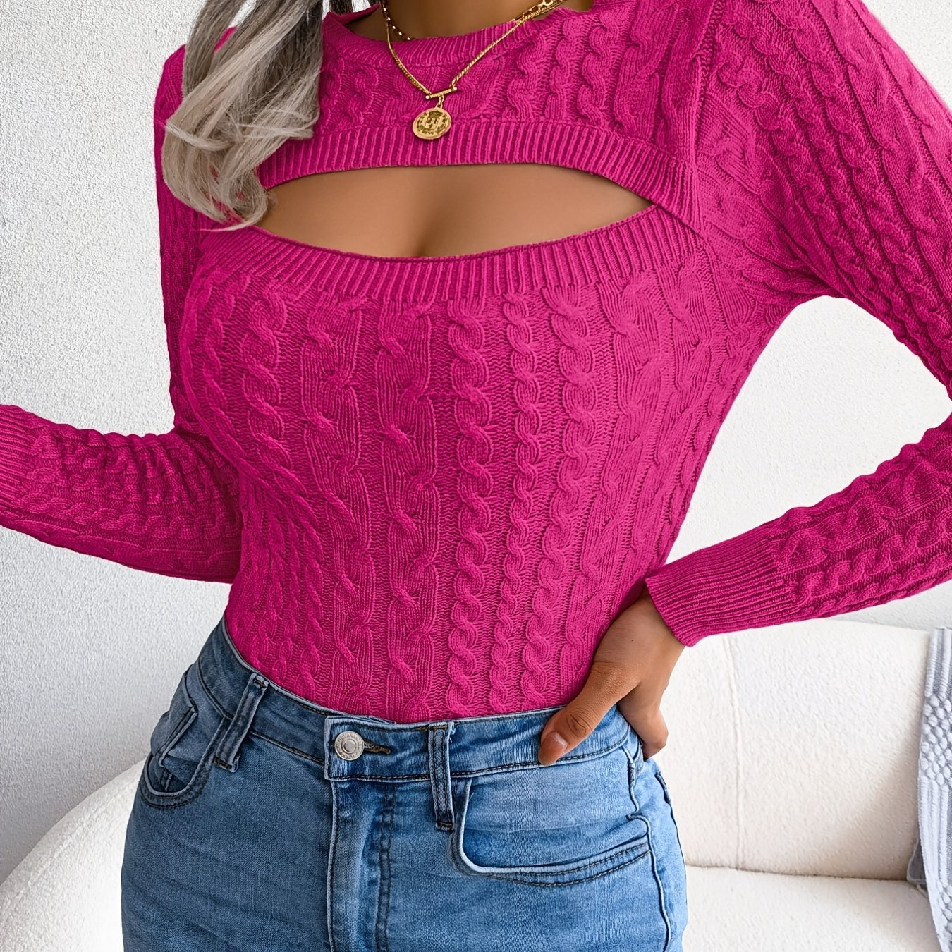 Women'S Sexy Hollow-Out Knit Pullover Sweater, Long Sleeve Crew Neck, Skinny Fit, Acrylic Blend (Polyester 28%, Polyamide 22%, Viscose 28%), High Stretch Fabric, Solid Color, Spring/Fall Fashion Top