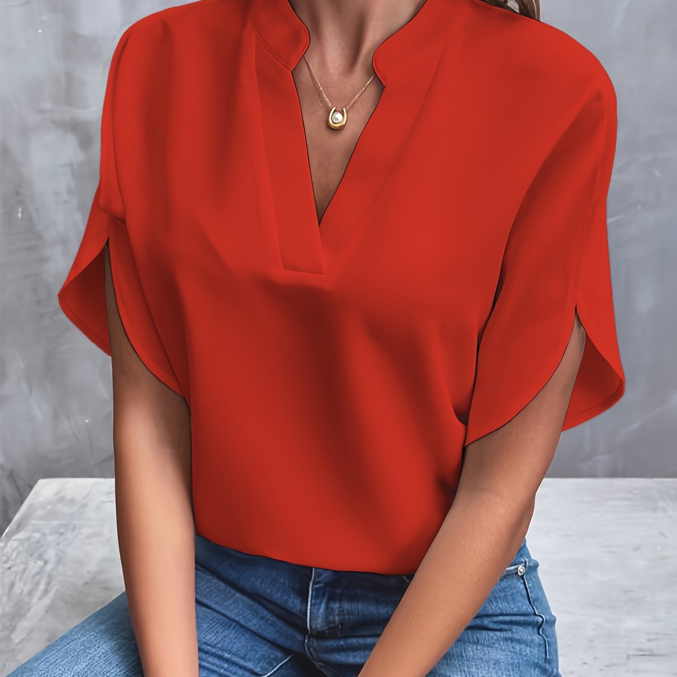 Solid Color Notch Neck Blouse, Casual Short Split Sleeve Blouse For Spring & Summer, Women's Clothing