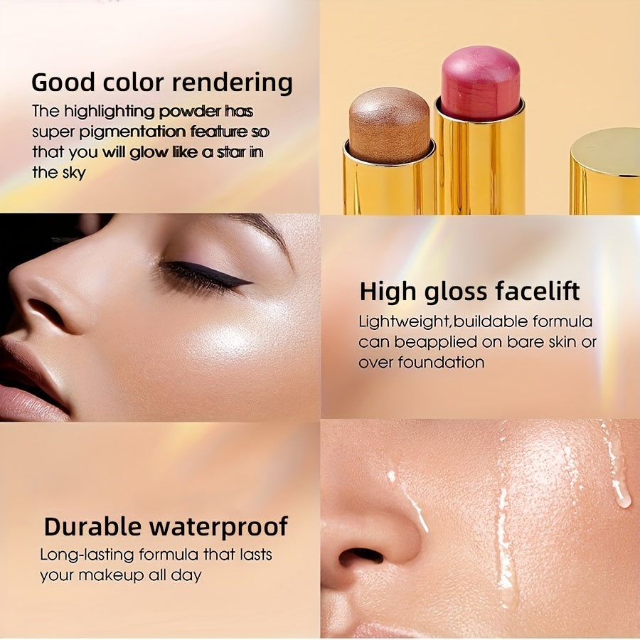 Multifunctional Highlighter Blush Stick - Brightening & Contouring Makeup Stick with Plant-Based Squalane, 3 Shades (Pink, Beige, Brown) for Cheeks, Lips, Eyes - Long-Lasting Shine, Easy Application, No Smudge, No Transfer, B