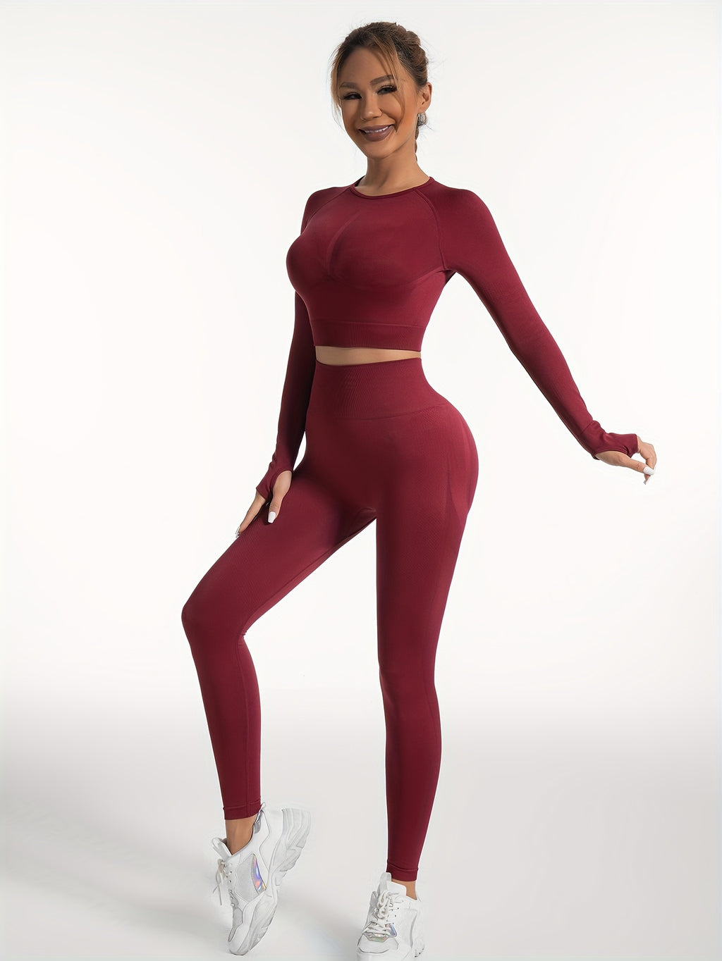 Women's Yoga Sports Suits, Seamless Stretchy Fitness Suits, Long Sleeve Thumb Hole Cropped Top & Slimming Leggings, Women's Activewear