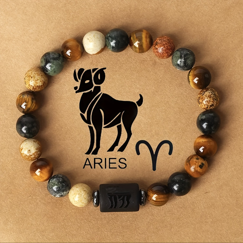 1pc Zodiac Astrology Natural Stone Beaded Bracelet, Fashionable 12 Constellation Designs, Personalized Zodiac Sign Jewelry, Ideal Birthday or Valentine'S Day Gift, 7.48inch