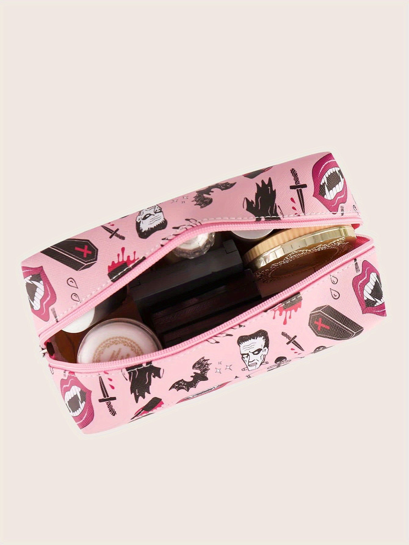Halloween Skeleton Bat Pattern Makeup Bag Pink Roomy Square Zipper Pouch Travel Toiletries Organizer Gift For  ladies Women Men