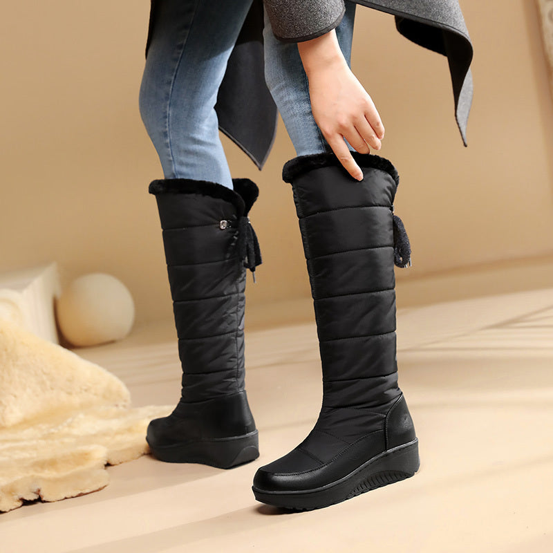 Waterproof Non-slip Outdoor Knee Boots, Warm Plush Inner Flat Lace Up Back Sports Sneakers, Women's Footwear