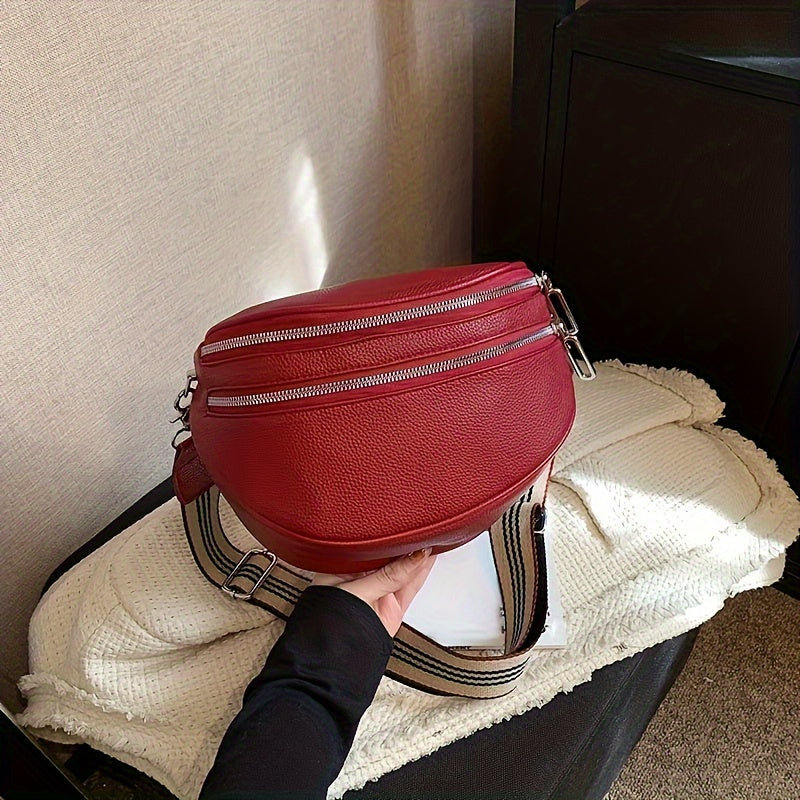 Black Synthetic Leather Crossbody Bag with Adjustable Striped Strap - Large Capacity Shoulder Messenger Bag for Women, Zipper Closure, Polyester Lining, Versatile Solid Color Design