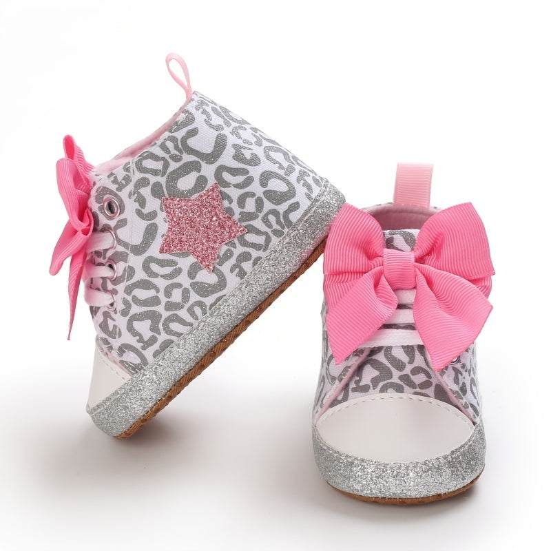 Infant Baby Gils Canvas Shoes, Soft-soled Non-slip High Top First Walker Shoes With Bow Decor