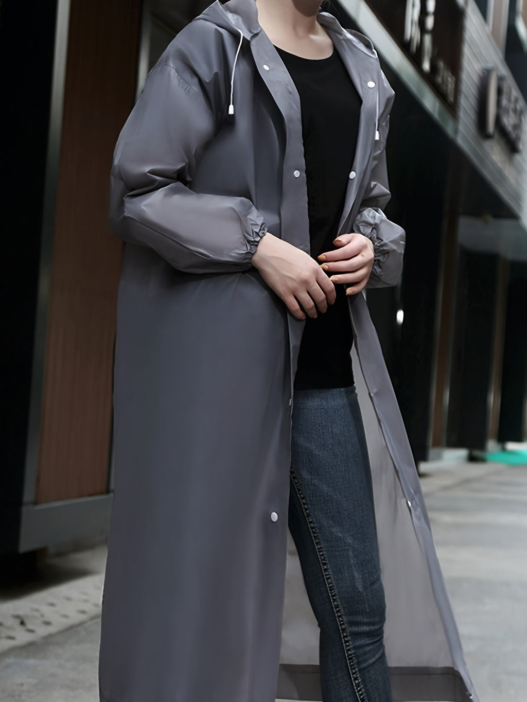 Gray EVA Raincoat - Windproof, Waterproof, Full-Body Thickened Jacket for Travel, Cycling, Hiking - Portable, Elastic Cuffs, Buttoned Closure